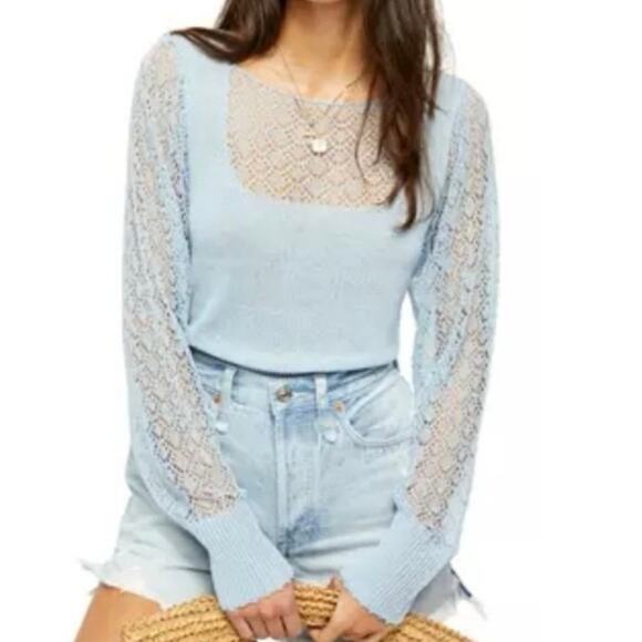 Free People Dynamic Duo Pointelle Rib Long Sleeve Top Cashmere Blue S - Picture 9 of 9